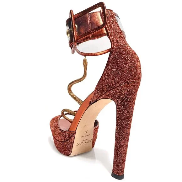 Jimmy Choo Mayner 130 Orange Glitter Women US 7 EU 37 Ankle Strap Sandals - Picture 4 of 9